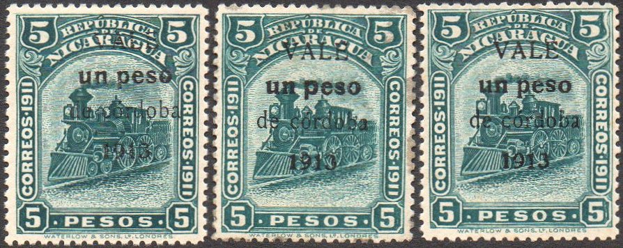 Nicaragua stamps 1913 surcharges Locomotive 1 Peso on 5 Pesos normal plus Peso varieties